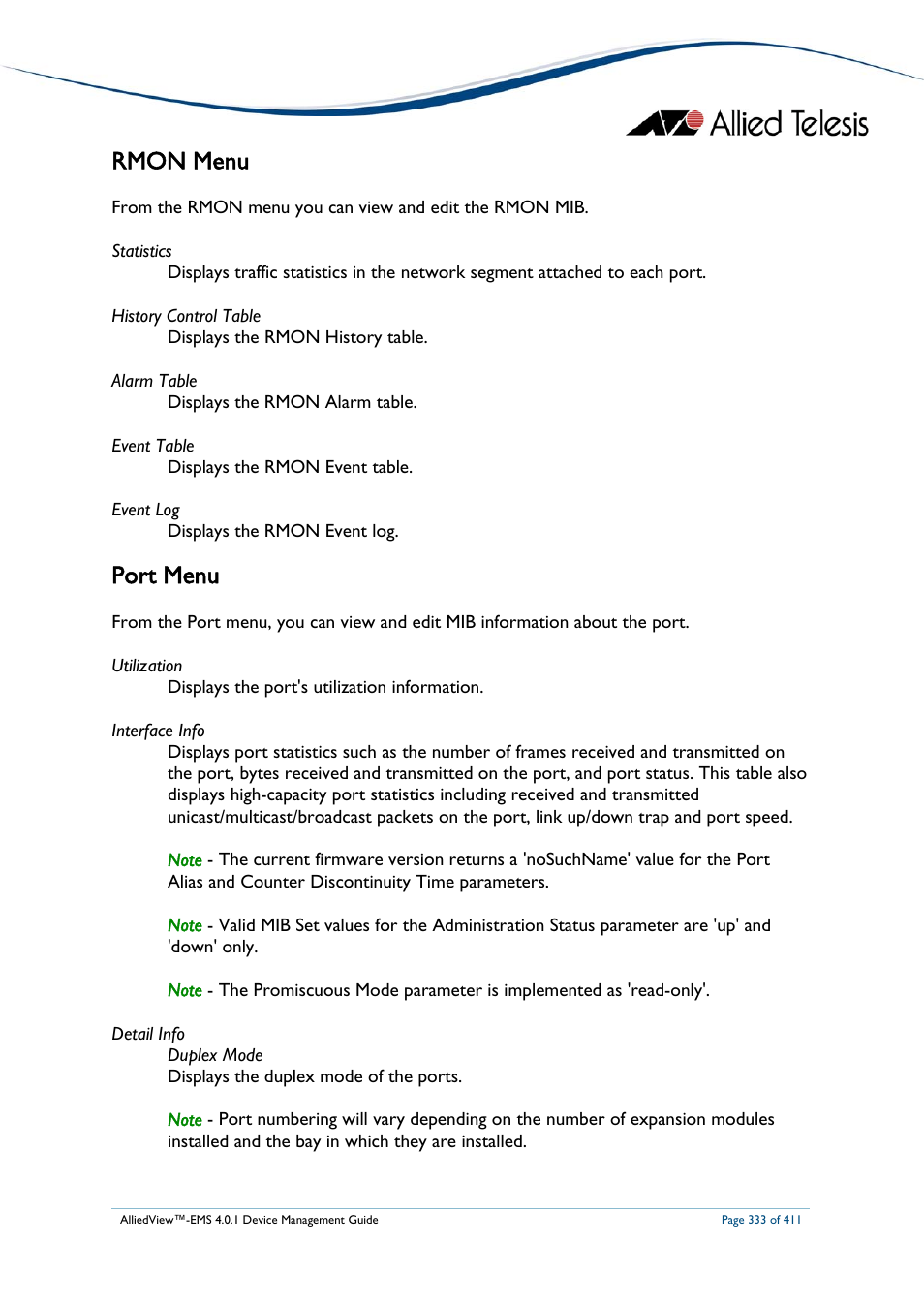 Rmon menu, Port menu | Allied Telesis AlliedView-EMS 4.0.1 DEVICE MANAGEMENT User Manual | Page 333 / 411