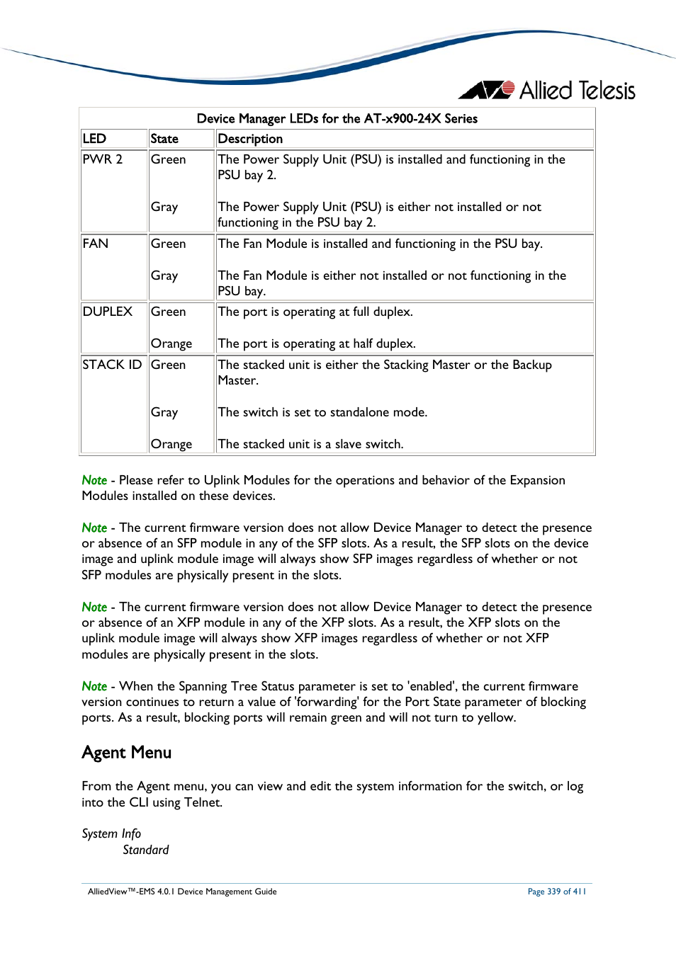 Agent menu | Allied Telesis AlliedView-EMS 4.0.1 DEVICE MANAGEMENT User Manual | Page 339 / 411