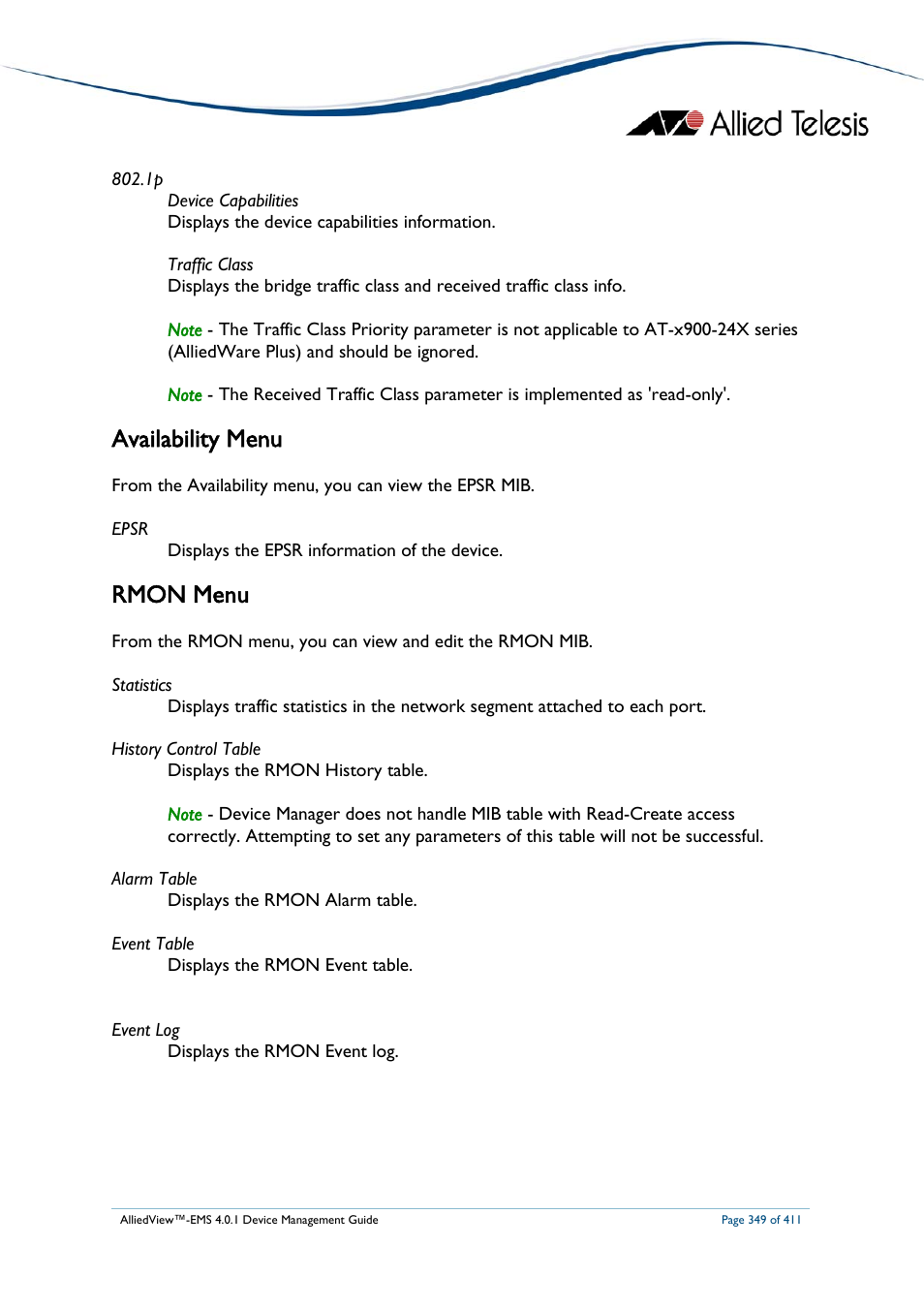 Availability menu, Rmon menu, Availability menu rmon menu | Allied Telesis AlliedView-EMS 4.0.1 DEVICE MANAGEMENT User Manual | Page 349 / 411