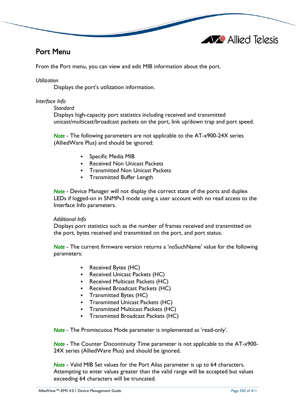 Port menu | Allied Telesis AlliedView-EMS 4.0.1 DEVICE MANAGEMENT User Manual | Page 350 / 411