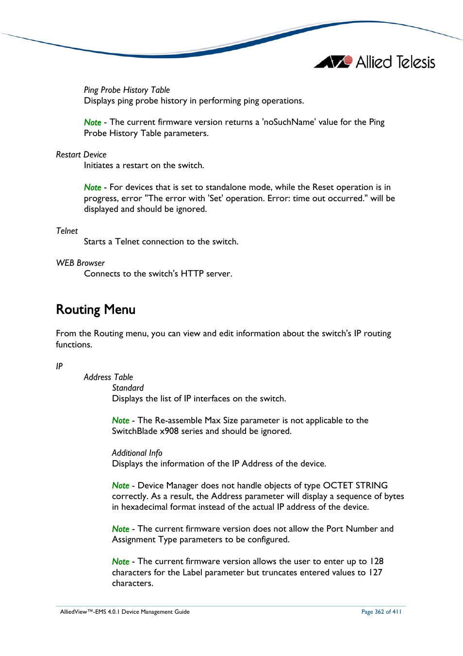 Routing menu, Outing | Allied Telesis AlliedView-EMS 4.0.1 DEVICE MANAGEMENT User Manual | Page 362 / 411