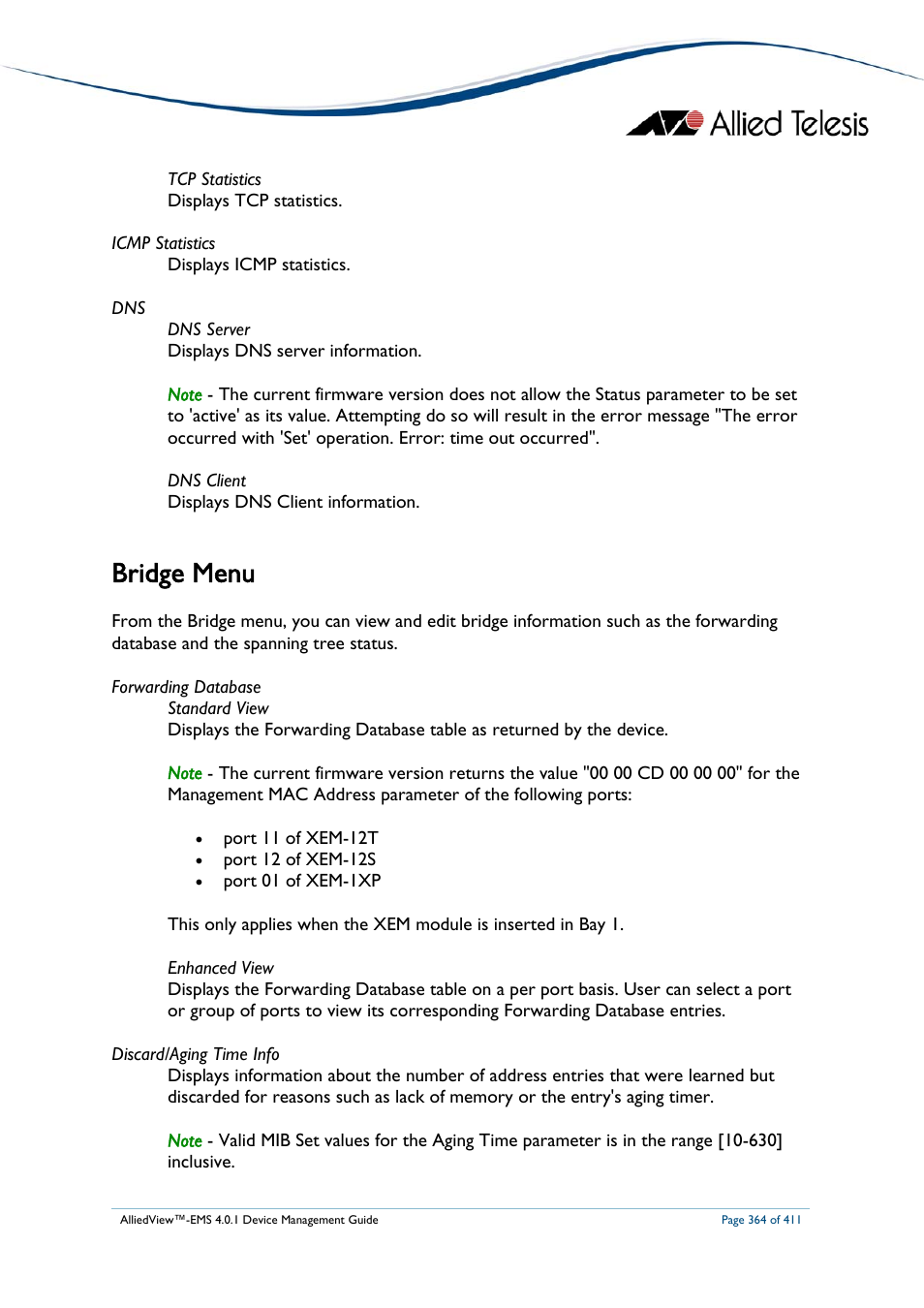 Bridge menu, Ridge | Allied Telesis AlliedView-EMS 4.0.1 DEVICE MANAGEMENT User Manual | Page 364 / 411