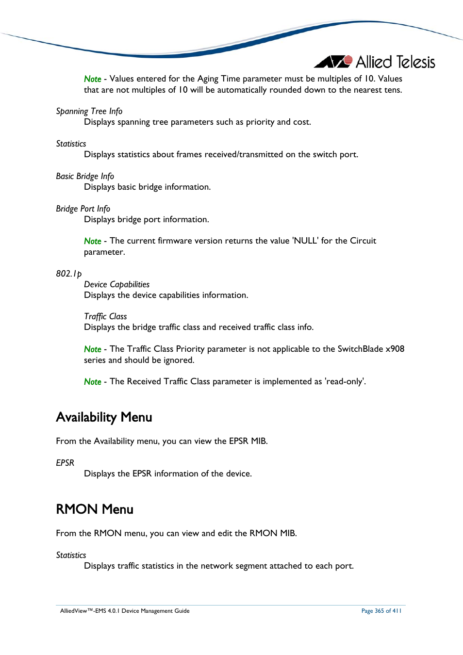 Availability menu, Rmon menu, Vailability | Rmon | Allied Telesis AlliedView-EMS 4.0.1 DEVICE MANAGEMENT User Manual | Page 365 / 411