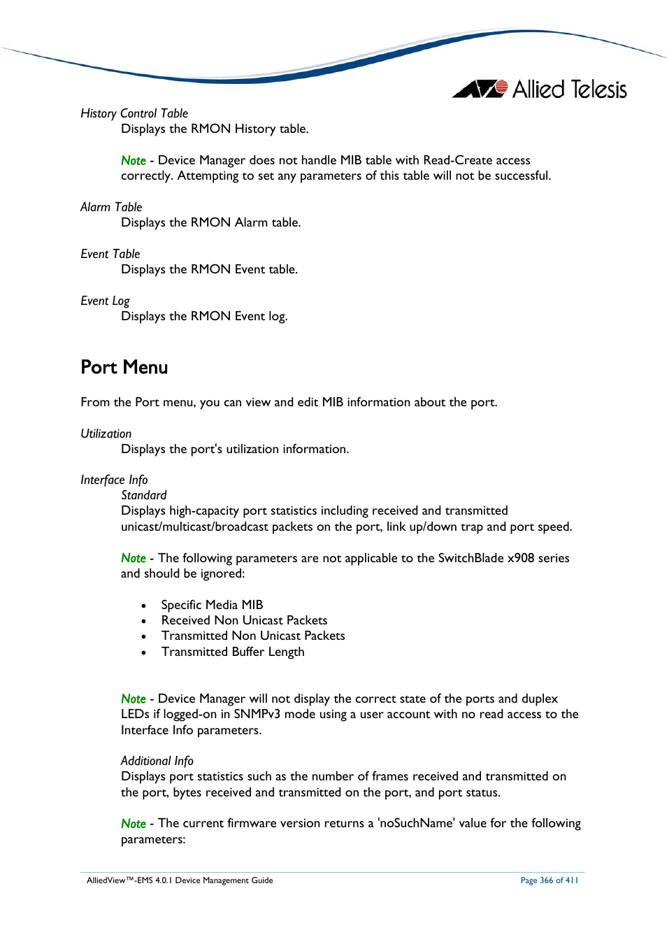 Port menu | Allied Telesis AlliedView-EMS 4.0.1 DEVICE MANAGEMENT User Manual | Page 366 / 411