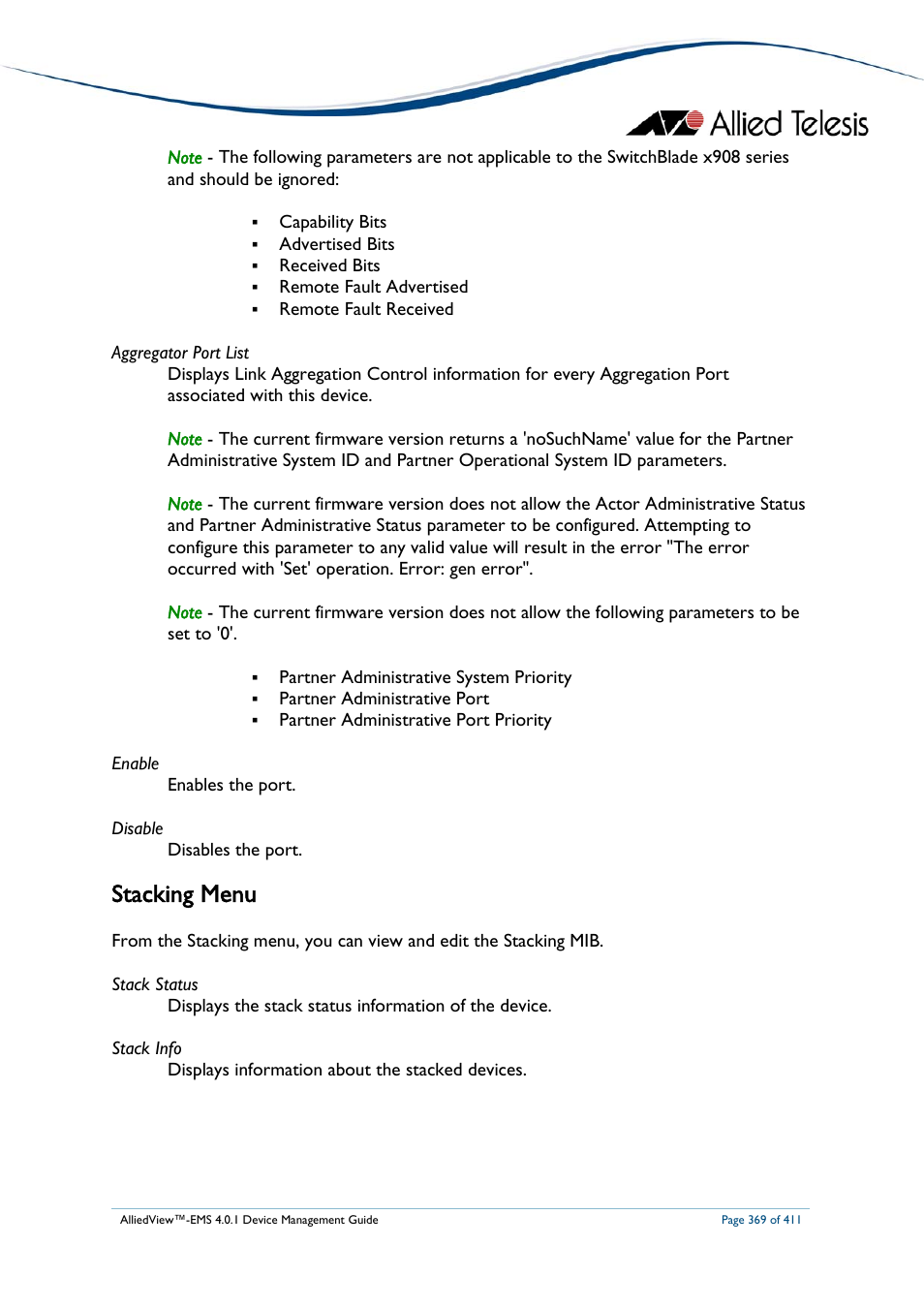 Stacking menu | Allied Telesis AlliedView-EMS 4.0.1 DEVICE MANAGEMENT User Manual | Page 369 / 411