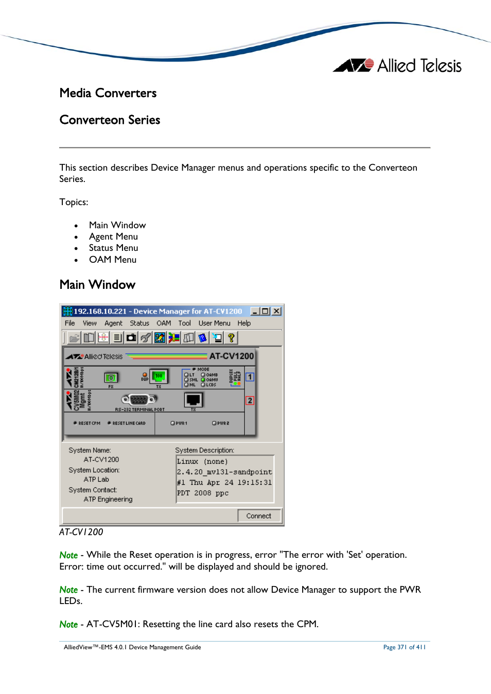 Media converters, Converteon series, Main window | Onverteon, Eries, Media converters converteon series | Allied Telesis AlliedView-EMS 4.0.1 DEVICE MANAGEMENT User Manual | Page 371 / 411