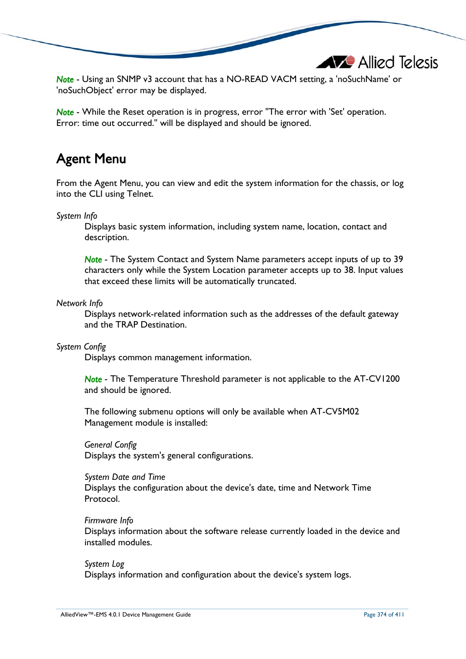 Agent menu, Gent | Allied Telesis AlliedView-EMS 4.0.1 DEVICE MANAGEMENT User Manual | Page 374 / 411