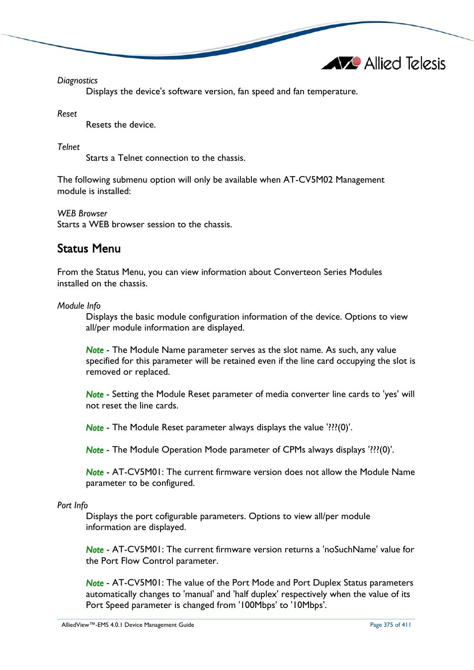 Status menu, Tatus | Allied Telesis AlliedView-EMS 4.0.1 DEVICE MANAGEMENT User Manual | Page 375 / 411