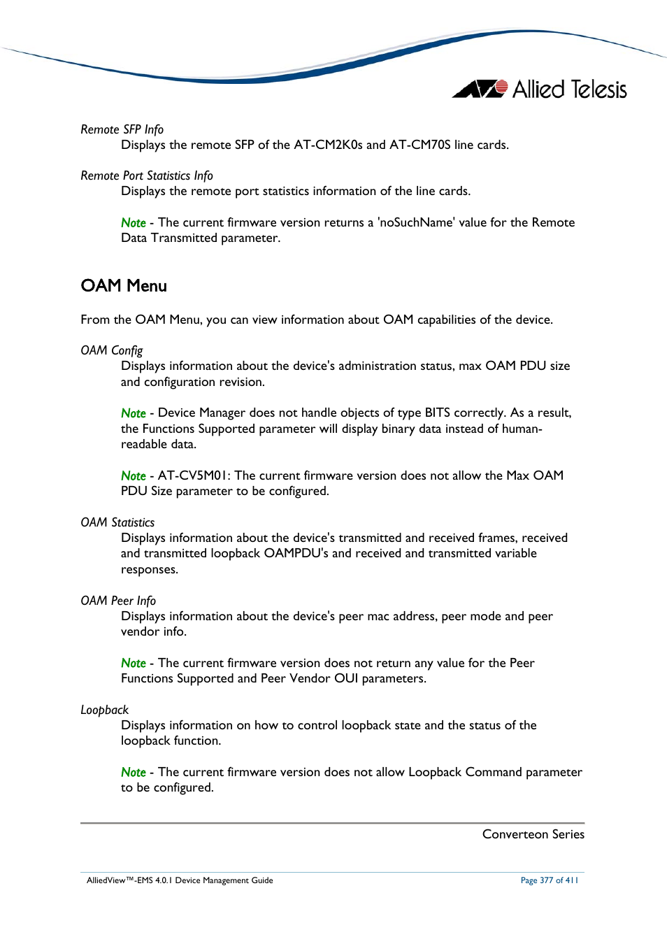 Oam menu | Allied Telesis AlliedView-EMS 4.0.1 DEVICE MANAGEMENT User Manual | Page 377 / 411