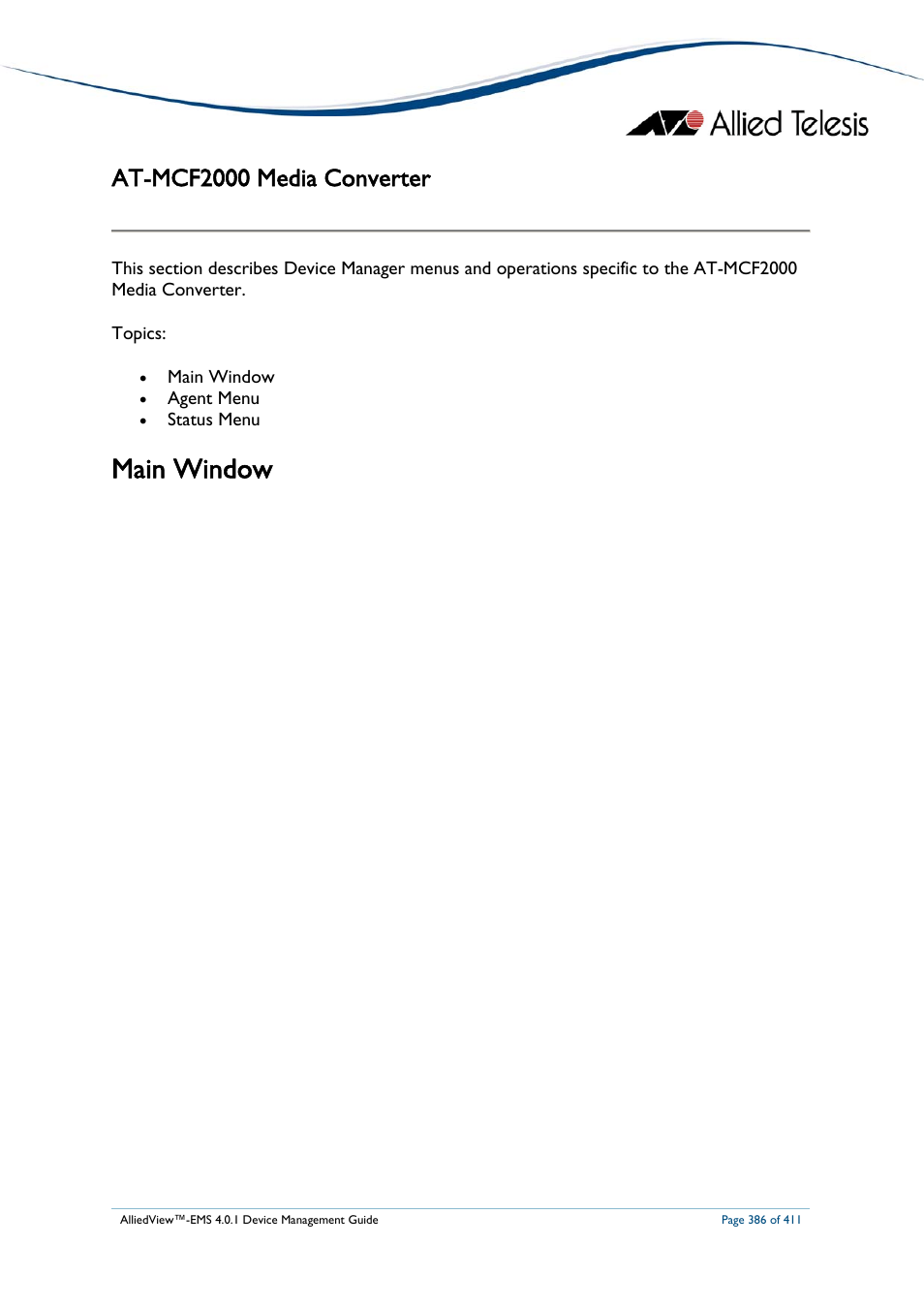 At-mcf2000 media converter, Main window, At-mcf2000 | Edia, Onverter, Indow | Allied Telesis AlliedView-EMS 4.0.1 DEVICE MANAGEMENT User Manual | Page 386 / 411