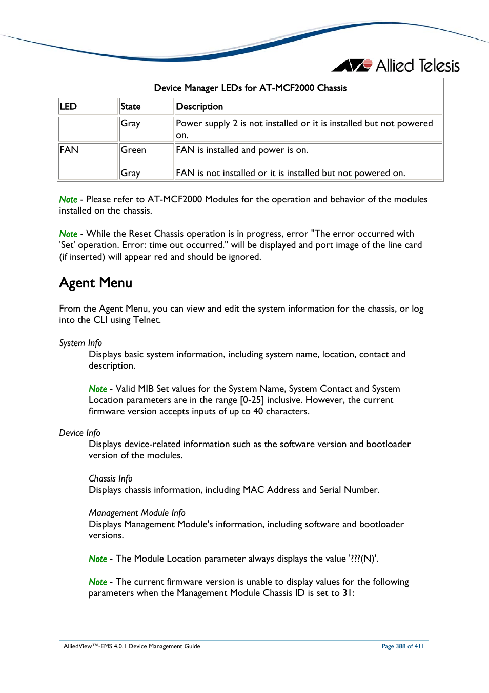 Agent menu, Gent | Allied Telesis AlliedView-EMS 4.0.1 DEVICE MANAGEMENT User Manual | Page 388 / 411