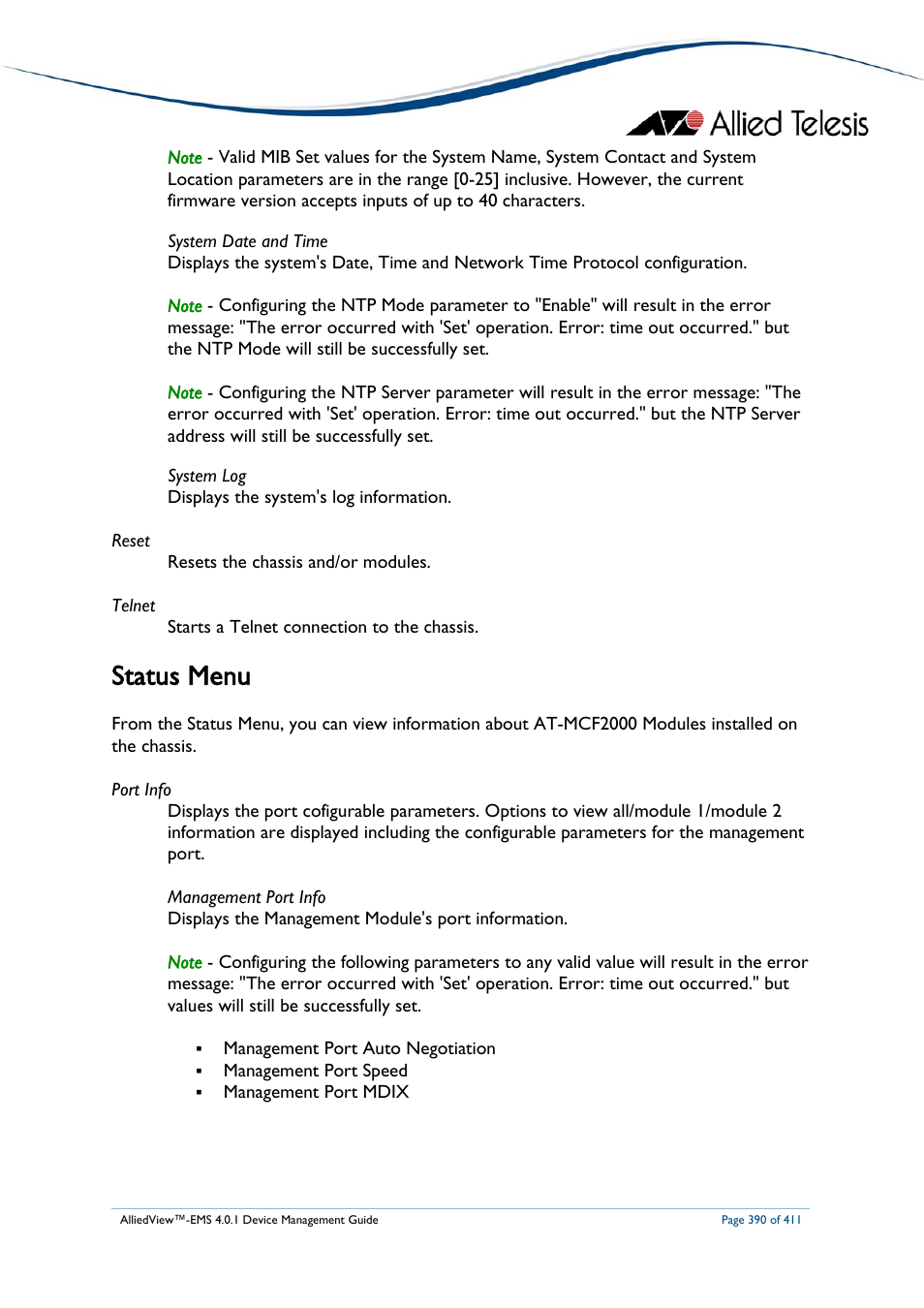 Status menu, Tatus | Allied Telesis AlliedView-EMS 4.0.1 DEVICE MANAGEMENT User Manual | Page 390 / 411