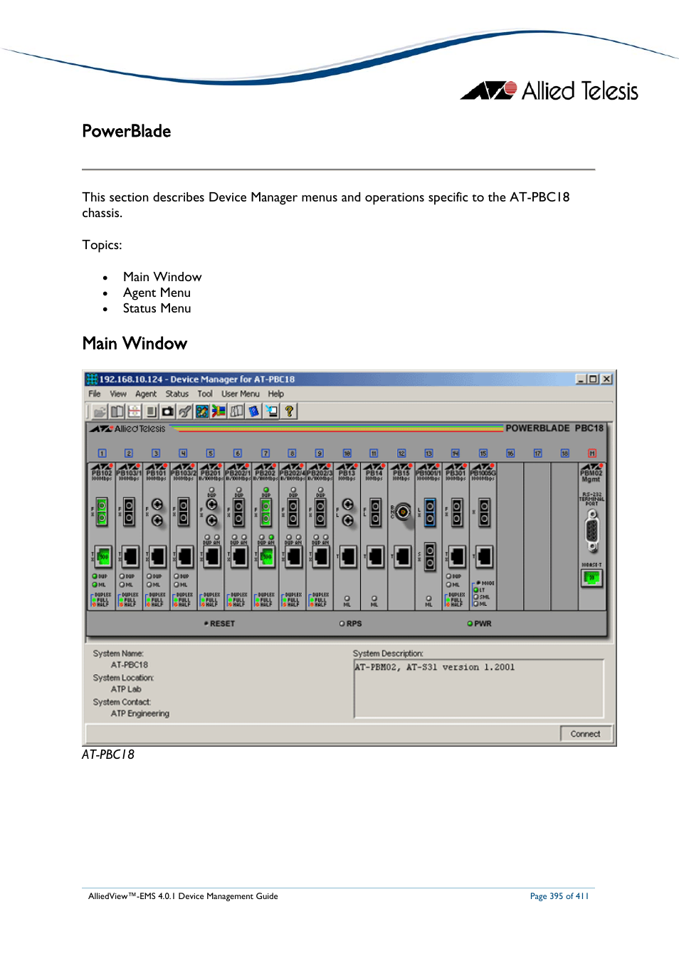 Powerblade, Main window, Ower | Lade | Allied Telesis AlliedView-EMS 4.0.1 DEVICE MANAGEMENT User Manual | Page 395 / 411