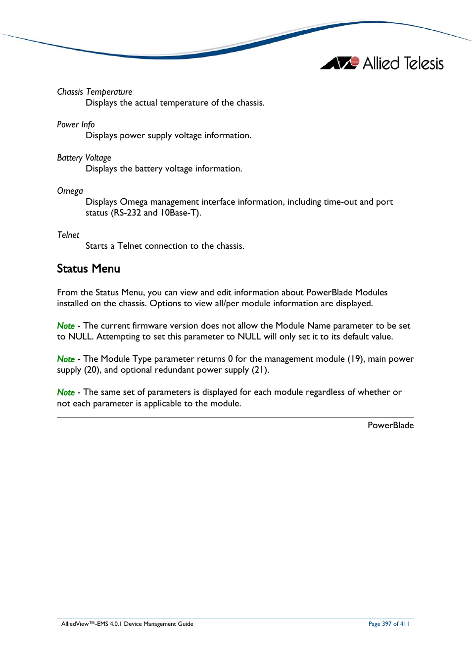 Status menu | Allied Telesis AlliedView-EMS 4.0.1 DEVICE MANAGEMENT User Manual | Page 397 / 411