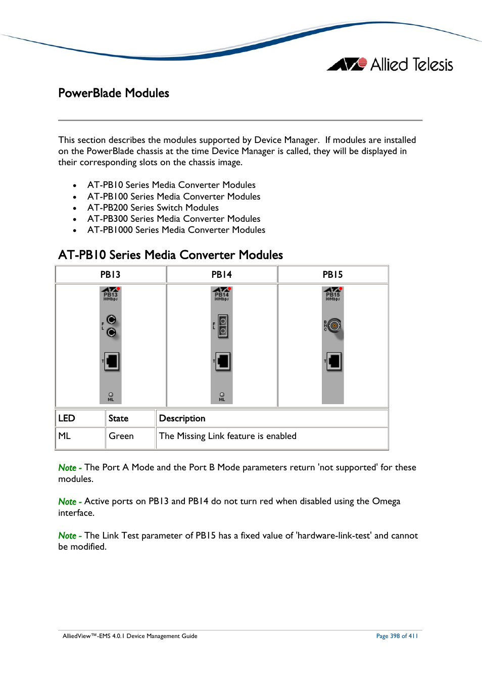 Powerblade modules, At-pb10 series media converter modules, Ower | Lade, Odules | Allied Telesis AlliedView-EMS 4.0.1 DEVICE MANAGEMENT User Manual | Page 398 / 411