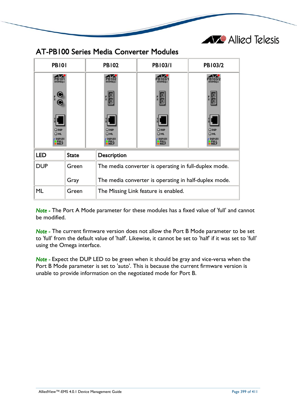 At-pb100 series media converter modules | Allied Telesis AlliedView-EMS 4.0.1 DEVICE MANAGEMENT User Manual | Page 399 / 411