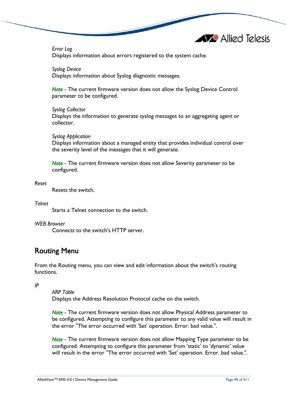 Routing menu | Allied Telesis AlliedView-EMS 4.0.1 DEVICE MANAGEMENT User Manual | Page 40 / 411