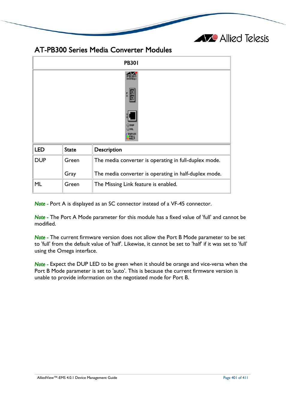 At-pb300 series media converter modules | Allied Telesis AlliedView-EMS 4.0.1 DEVICE MANAGEMENT User Manual | Page 401 / 411