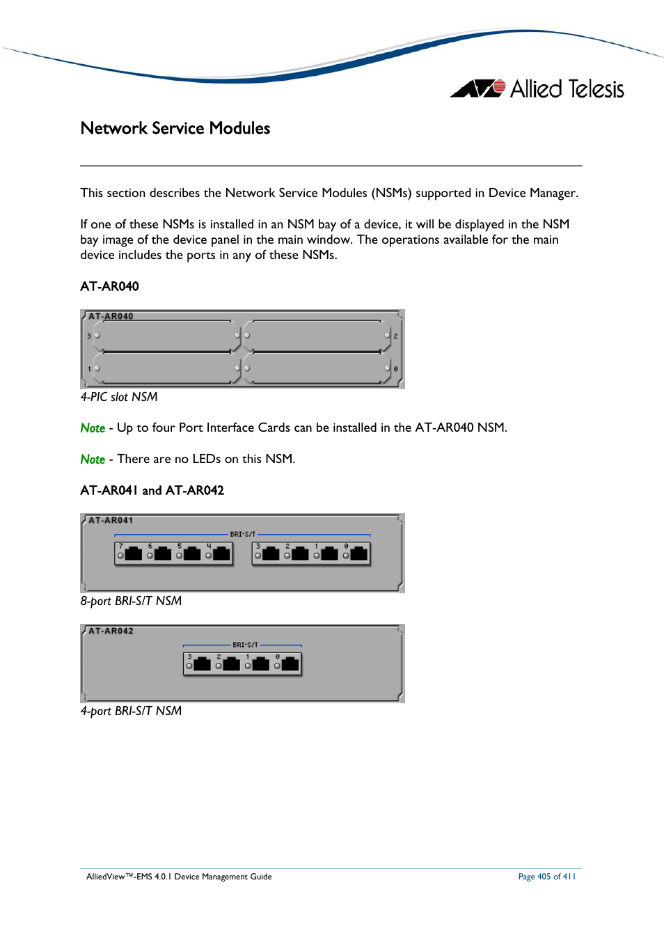 Network service modules, Etwork, Ervice | Odules | Allied Telesis AlliedView-EMS 4.0.1 DEVICE MANAGEMENT User Manual | Page 405 / 411