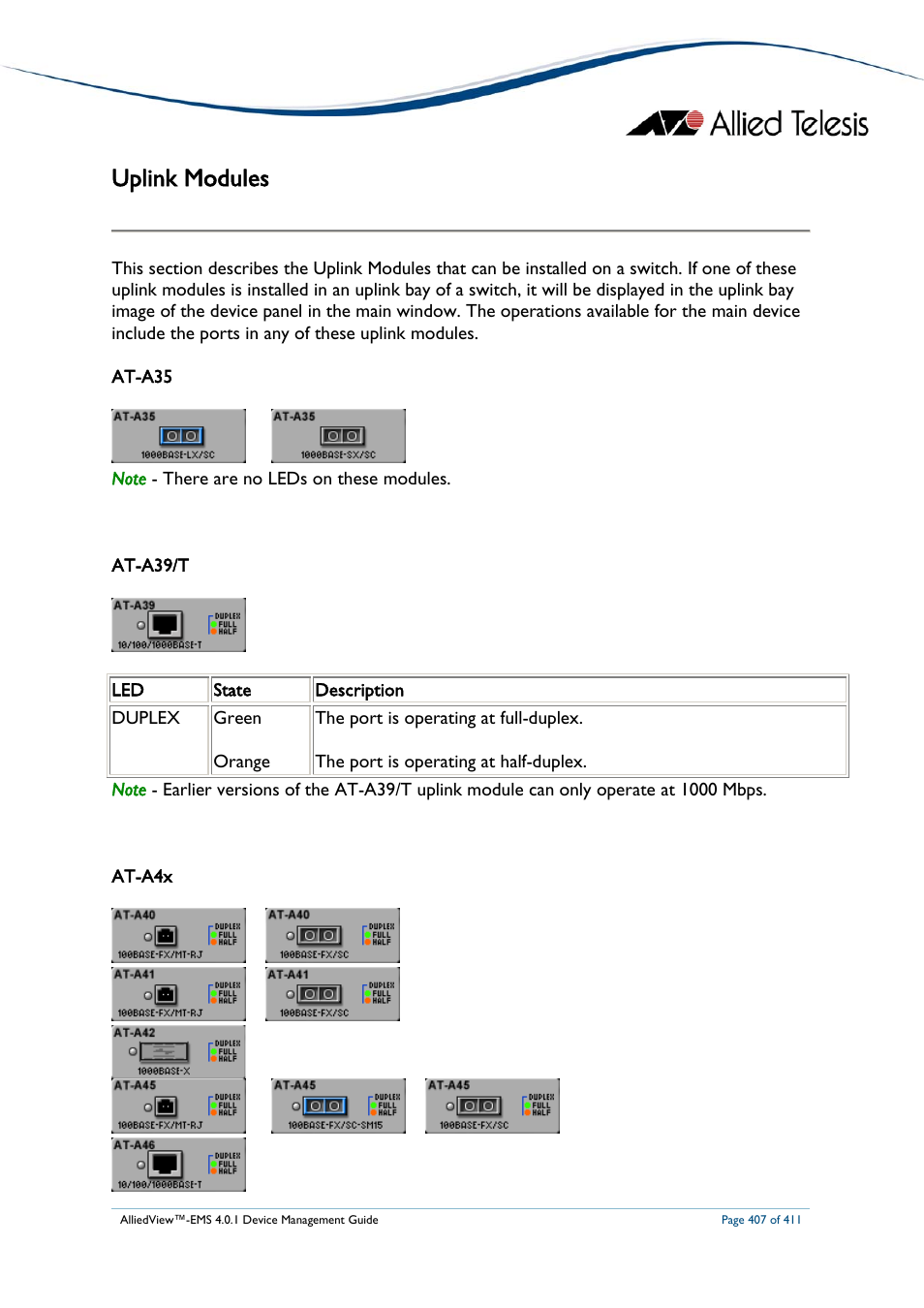 Uplink modules, Plink, Odules | Allied Telesis AlliedView-EMS 4.0.1 DEVICE MANAGEMENT User Manual | Page 407 / 411
