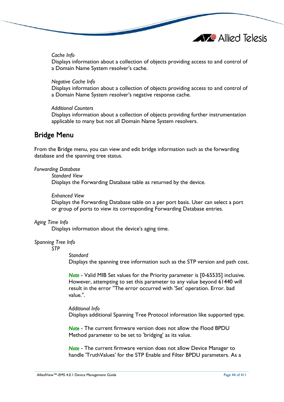 Bridge menu | Allied Telesis AlliedView-EMS 4.0.1 DEVICE MANAGEMENT User Manual | Page 44 / 411