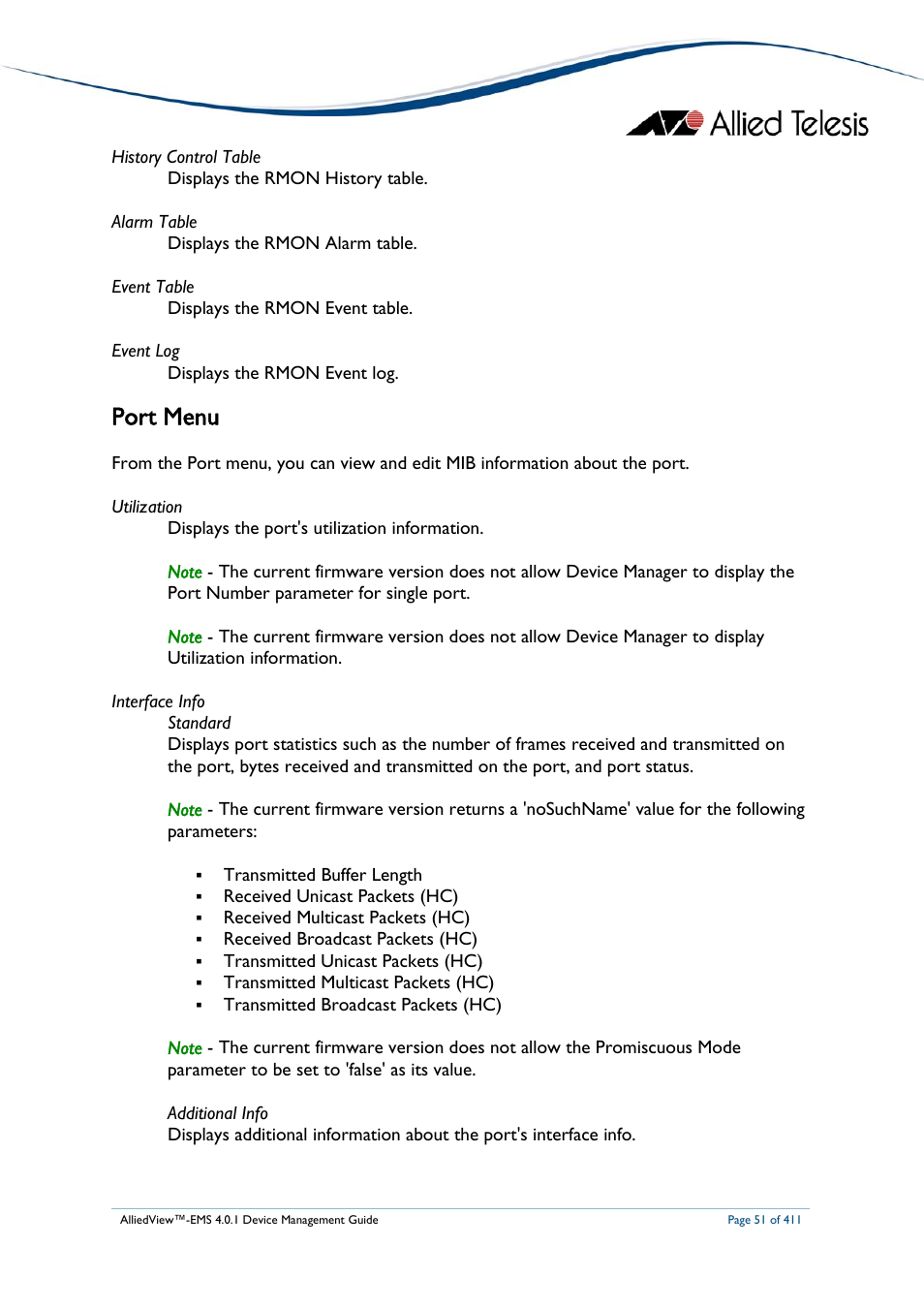 Port menu | Allied Telesis AlliedView-EMS 4.0.1 DEVICE MANAGEMENT User Manual | Page 51 / 411