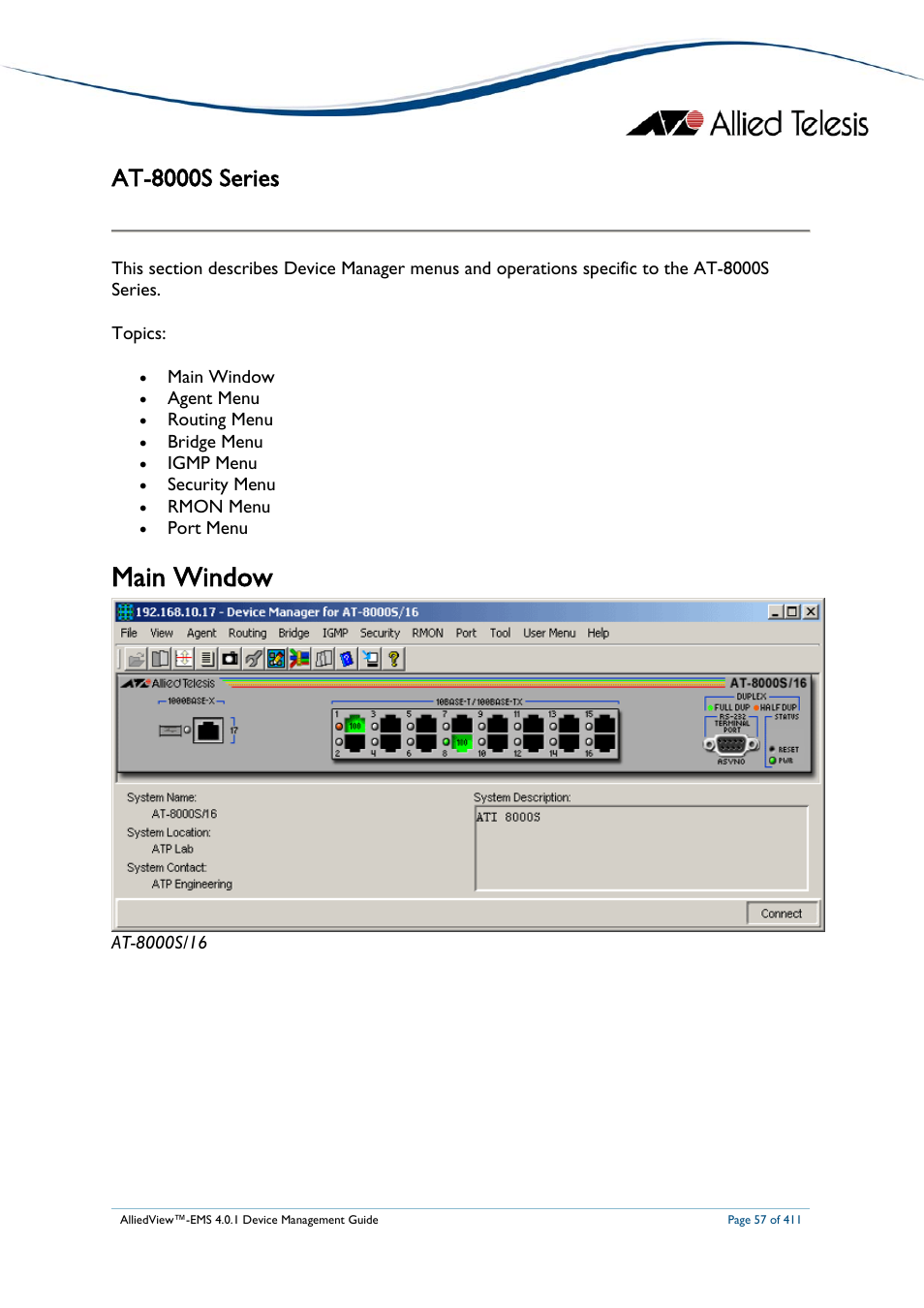 At-8000s series, Main window, At-8000s | Eries | Allied Telesis AlliedView-EMS 4.0.1 DEVICE MANAGEMENT User Manual | Page 57 / 411