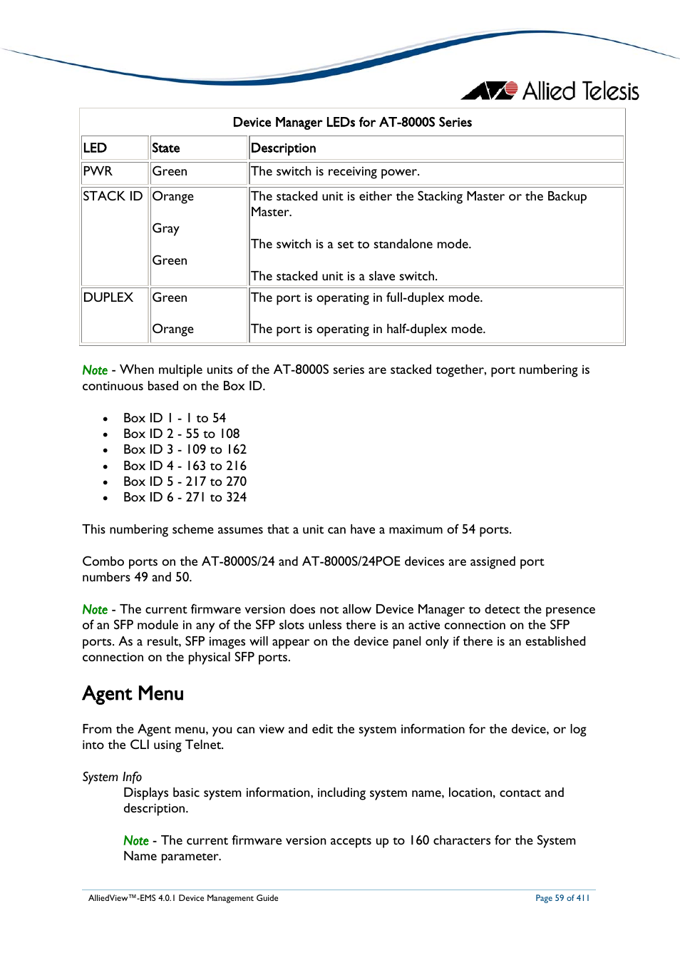 Agent menu | Allied Telesis AlliedView-EMS 4.0.1 DEVICE MANAGEMENT User Manual | Page 59 / 411