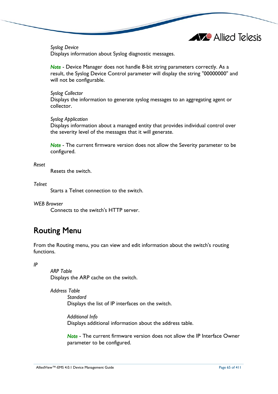 Routing menu | Allied Telesis AlliedView-EMS 4.0.1 DEVICE MANAGEMENT User Manual | Page 65 / 411