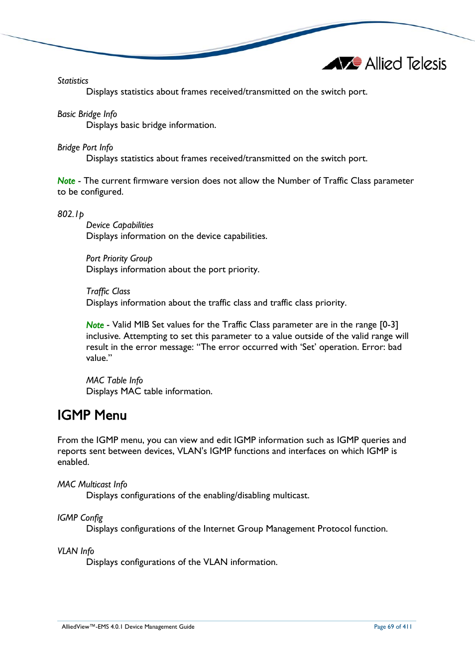 Igmp menu | Allied Telesis AlliedView-EMS 4.0.1 DEVICE MANAGEMENT User Manual | Page 69 / 411