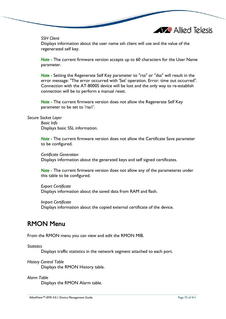 Rmon menu | Allied Telesis AlliedView-EMS 4.0.1 DEVICE MANAGEMENT User Manual | Page 73 / 411