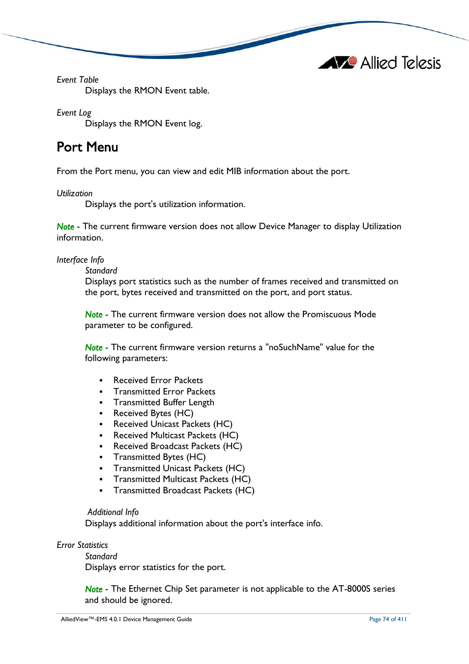 Port menu | Allied Telesis AlliedView-EMS 4.0.1 DEVICE MANAGEMENT User Manual | Page 74 / 411