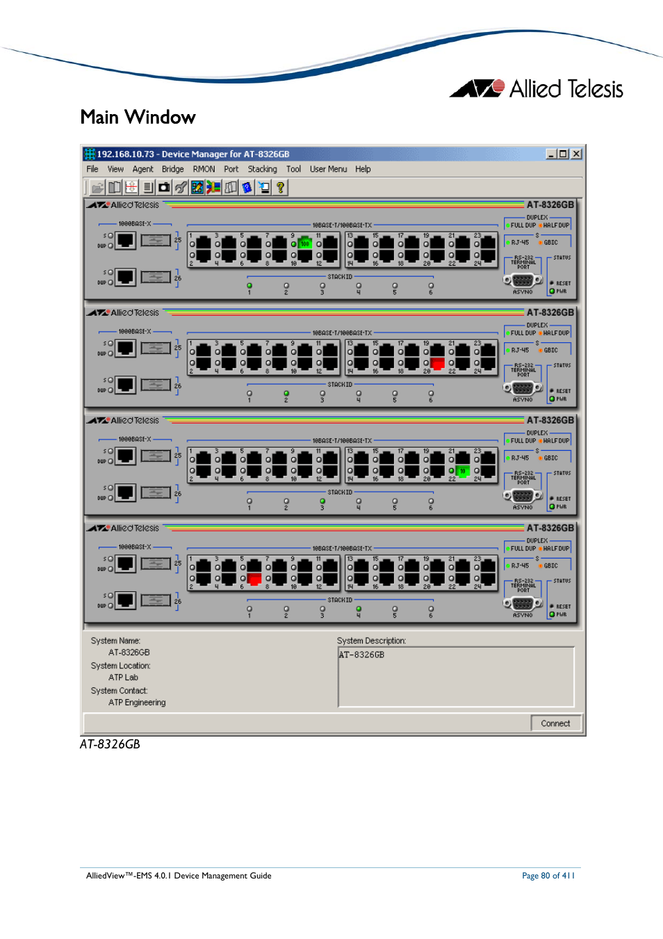 Main window, At-8326gb | Allied Telesis AlliedView-EMS 4.0.1 DEVICE MANAGEMENT User Manual | Page 80 / 411