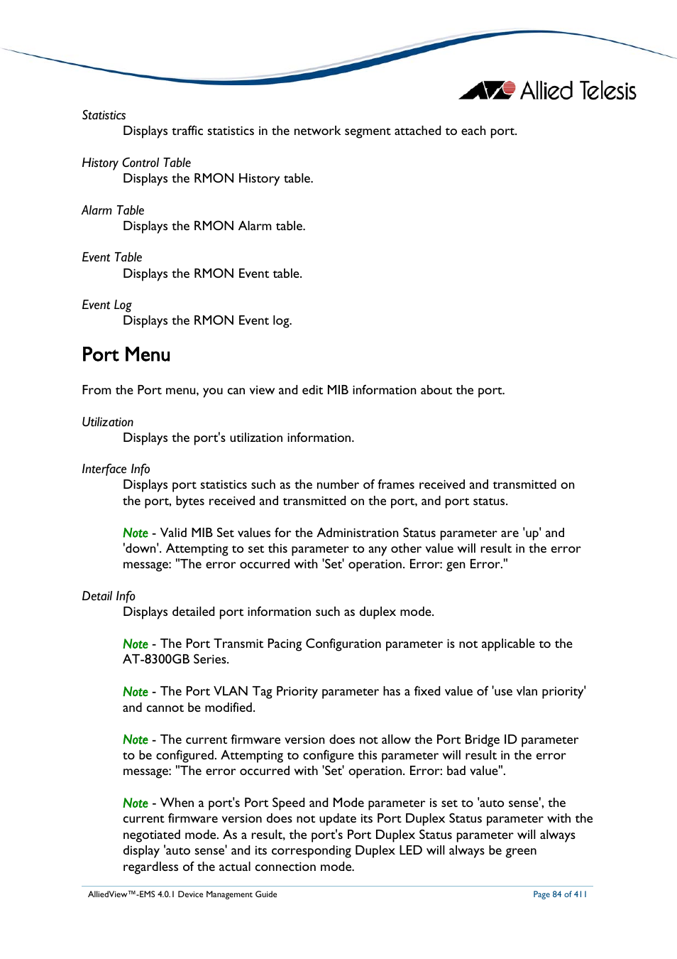 Port menu | Allied Telesis AlliedView-EMS 4.0.1 DEVICE MANAGEMENT User Manual | Page 84 / 411