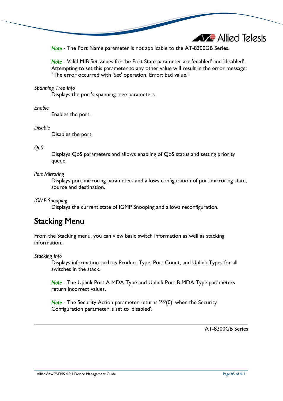 Stacking menu | Allied Telesis AlliedView-EMS 4.0.1 DEVICE MANAGEMENT User Manual | Page 85 / 411