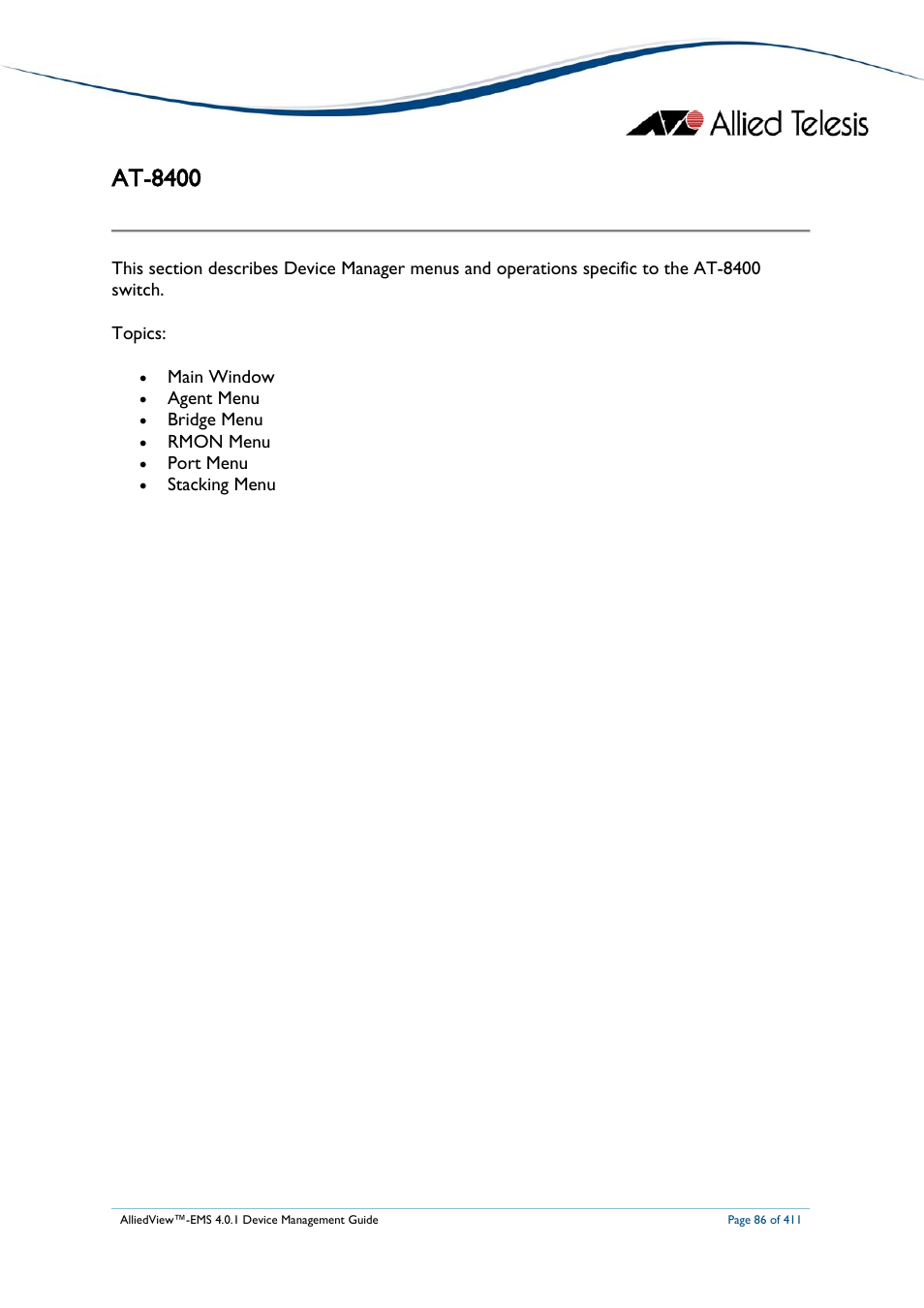 At-8400 | Allied Telesis AlliedView-EMS 4.0.1 DEVICE MANAGEMENT User Manual | Page 86 / 411