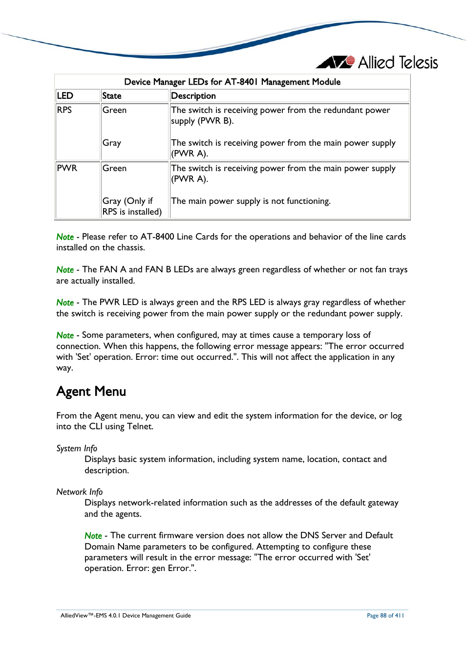 Agent menu | Allied Telesis AlliedView-EMS 4.0.1 DEVICE MANAGEMENT User Manual | Page 88 / 411