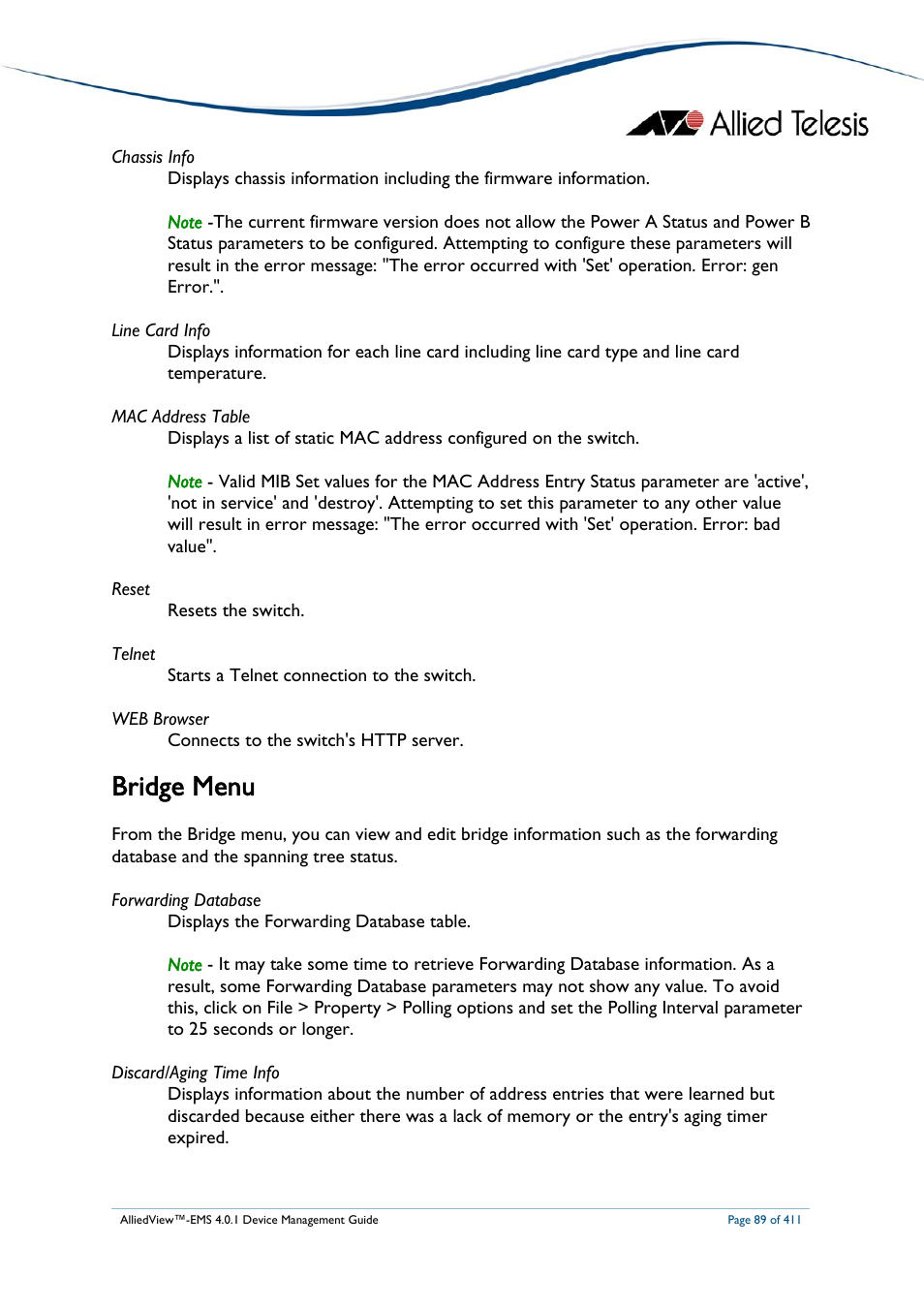 Bridge menu | Allied Telesis AlliedView-EMS 4.0.1 DEVICE MANAGEMENT User Manual | Page 89 / 411