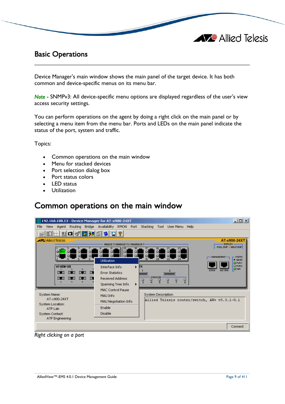 Basic operations, Common operations on the main window, Ommon operations on the main window | Allied Telesis AlliedView-EMS 4.0.1 DEVICE MANAGEMENT User Manual | Page 9 / 411