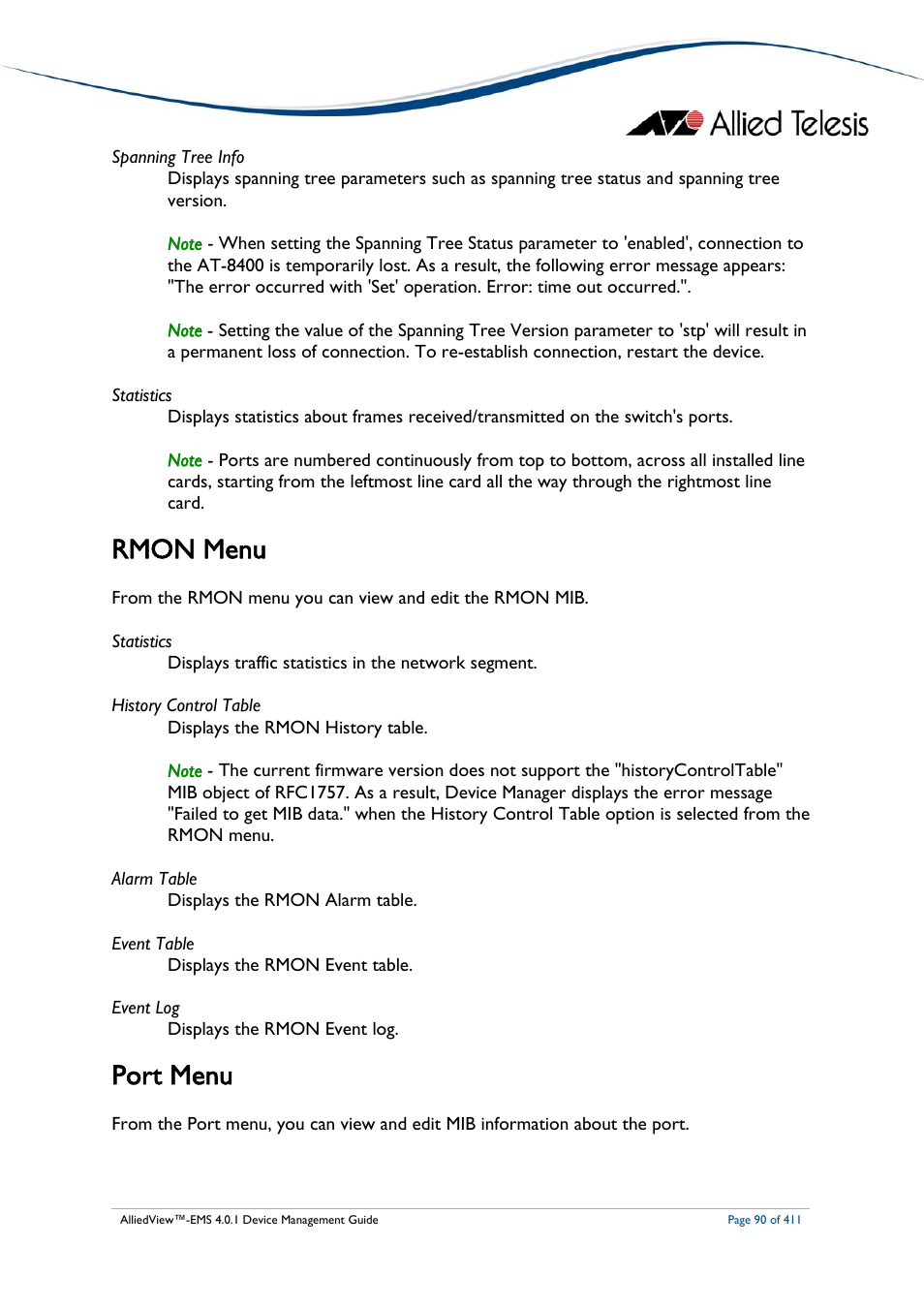 Rmon menu, Port menu | Allied Telesis AlliedView-EMS 4.0.1 DEVICE MANAGEMENT User Manual | Page 90 / 411