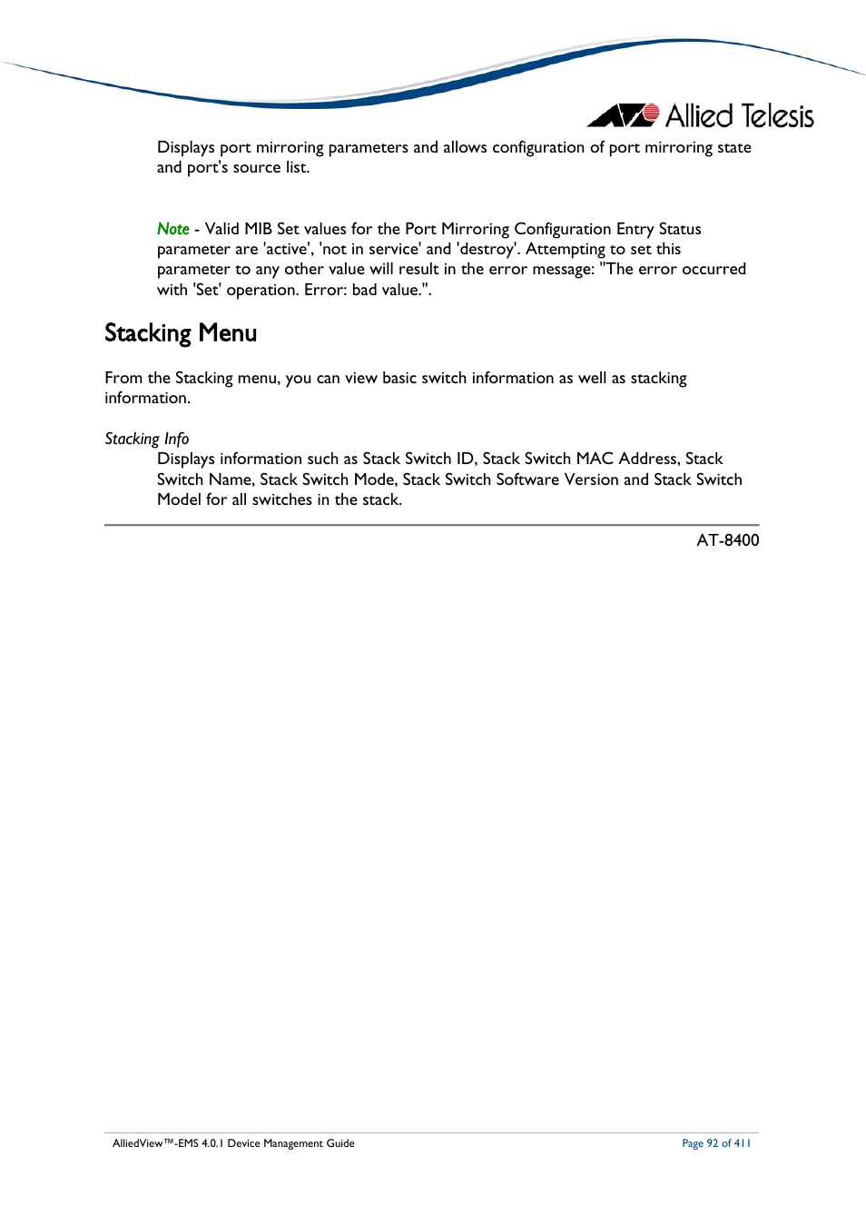 Stacking menu | Allied Telesis AlliedView-EMS 4.0.1 DEVICE MANAGEMENT User Manual | Page 92 / 411