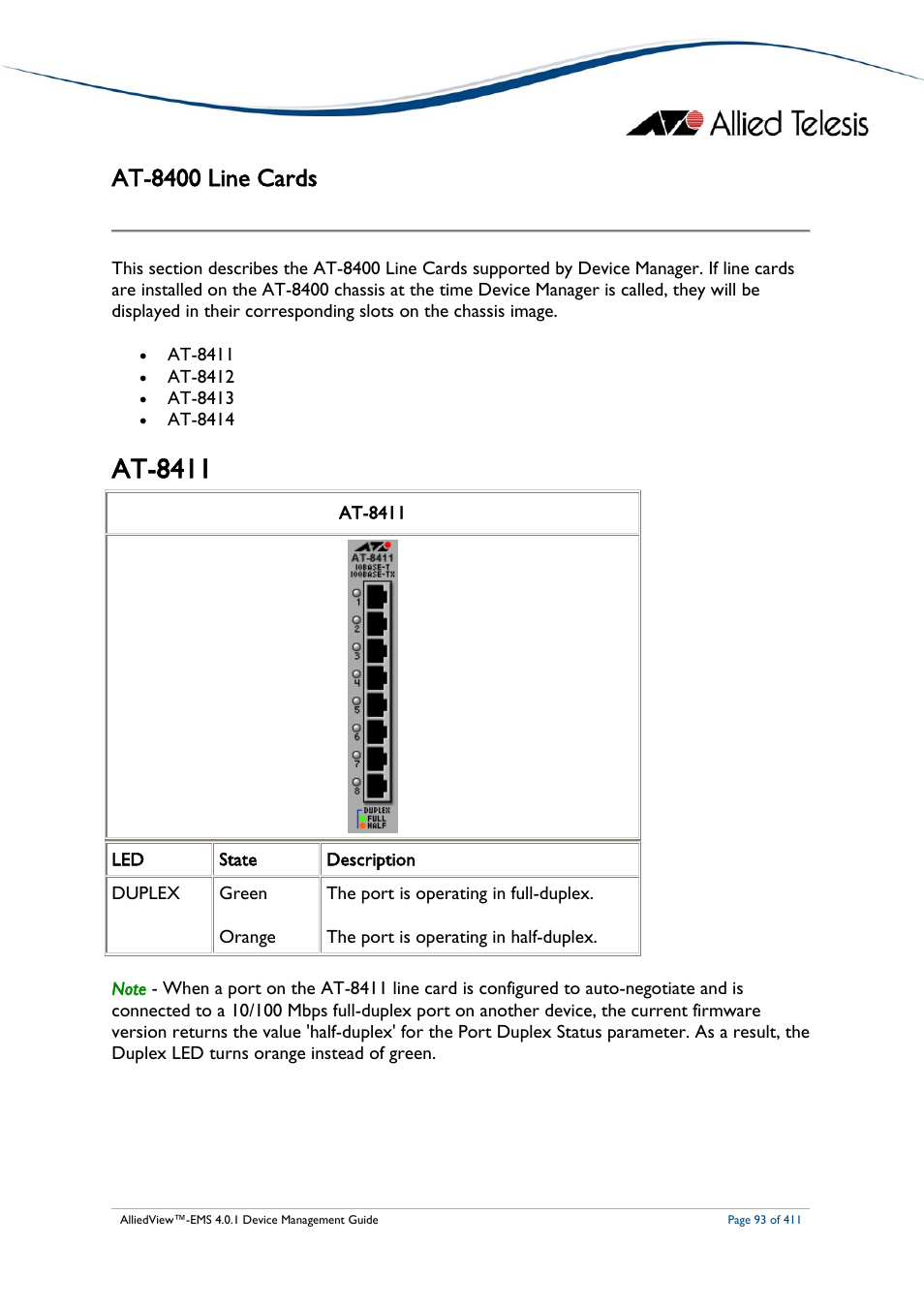 At-8400 line cards, At-8411, At-8400 | Ards | Allied Telesis AlliedView-EMS 4.0.1 DEVICE MANAGEMENT User Manual | Page 93 / 411