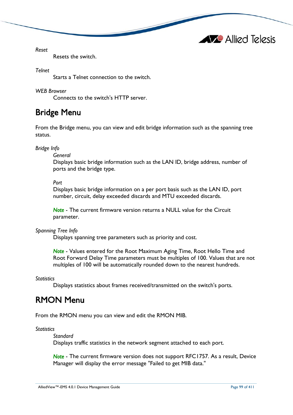 Bridge menu, Rmon menu | Allied Telesis AlliedView-EMS 4.0.1 DEVICE MANAGEMENT User Manual | Page 99 / 411