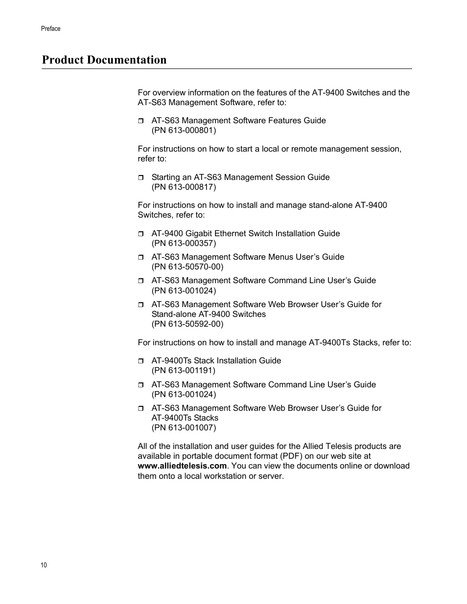 Product documentation | Allied Telesis AT-9448Ts/XP (Basic Layer 3) User Manual | Page 10 / 106