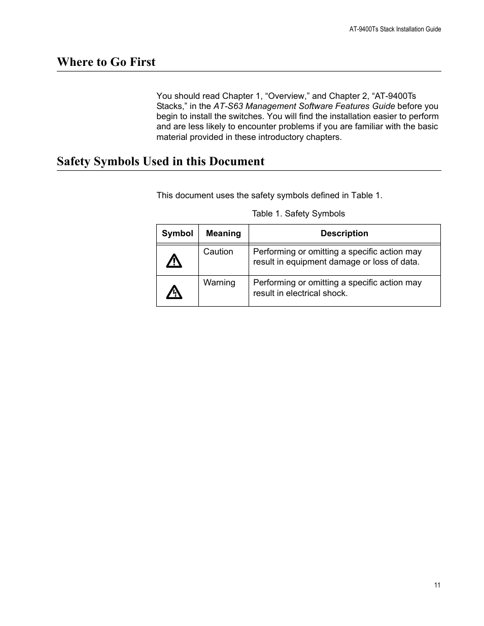 Where to go first, Safety symbols used in this document | Allied Telesis AT-9448Ts/XP (Basic Layer 3) User Manual | Page 11 / 106