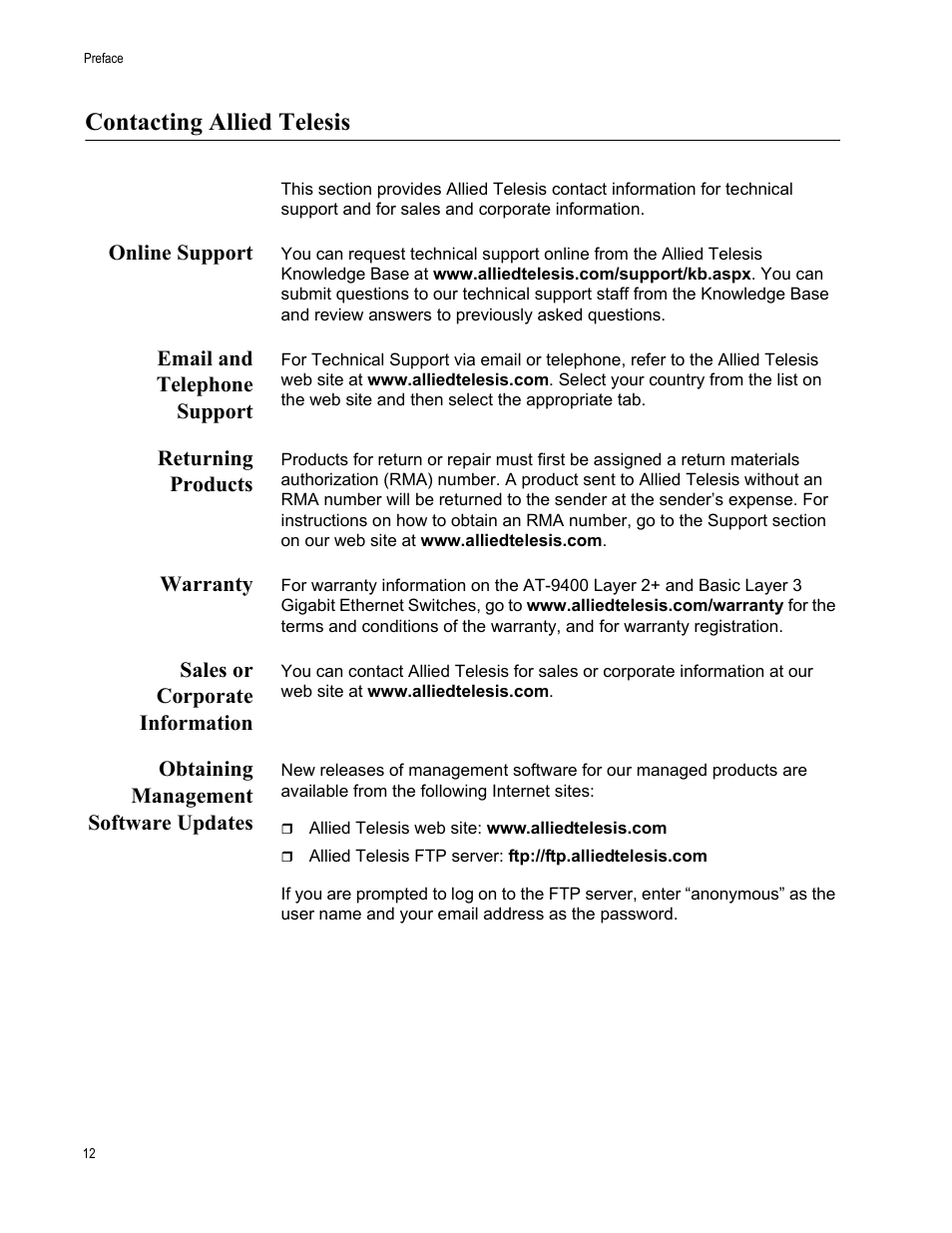 Contacting allied telesis, Online support, Email and telephone support | Returning products, Warranty, Sales or corporate information, Obtaining management software updates | Allied Telesis AT-9448Ts/XP (Basic Layer 3) User Manual | Page 12 / 106