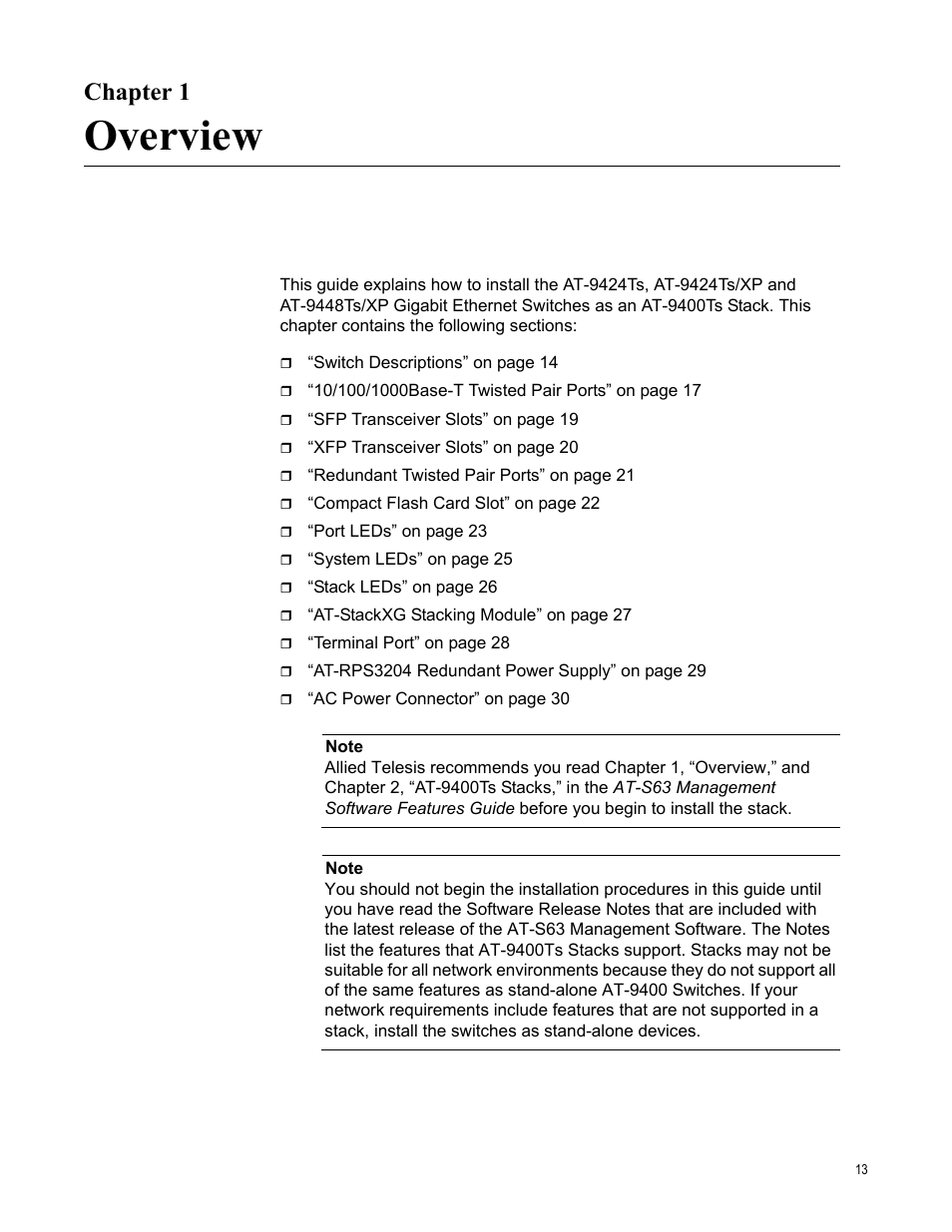 Chapter 1, Overview | Allied Telesis AT-9448Ts/XP (Basic Layer 3) User Manual | Page 13 / 106