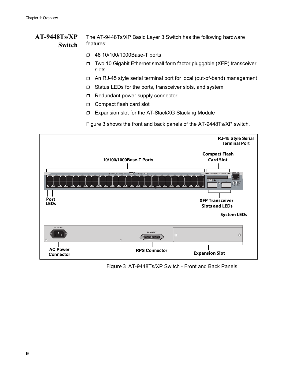At-9448ts/xp switch, Figure 3, Redundant power supply connector | Compact flash card slot, At-9448ts/xp switch - front and back panels, Port leds, Xfp transceiver, Slots and leds system leds, Expansion slot compact flash card slot, Chapter 1: overview 16 | Allied Telesis AT-9448Ts/XP (Basic Layer 3) User Manual | Page 16 / 106
