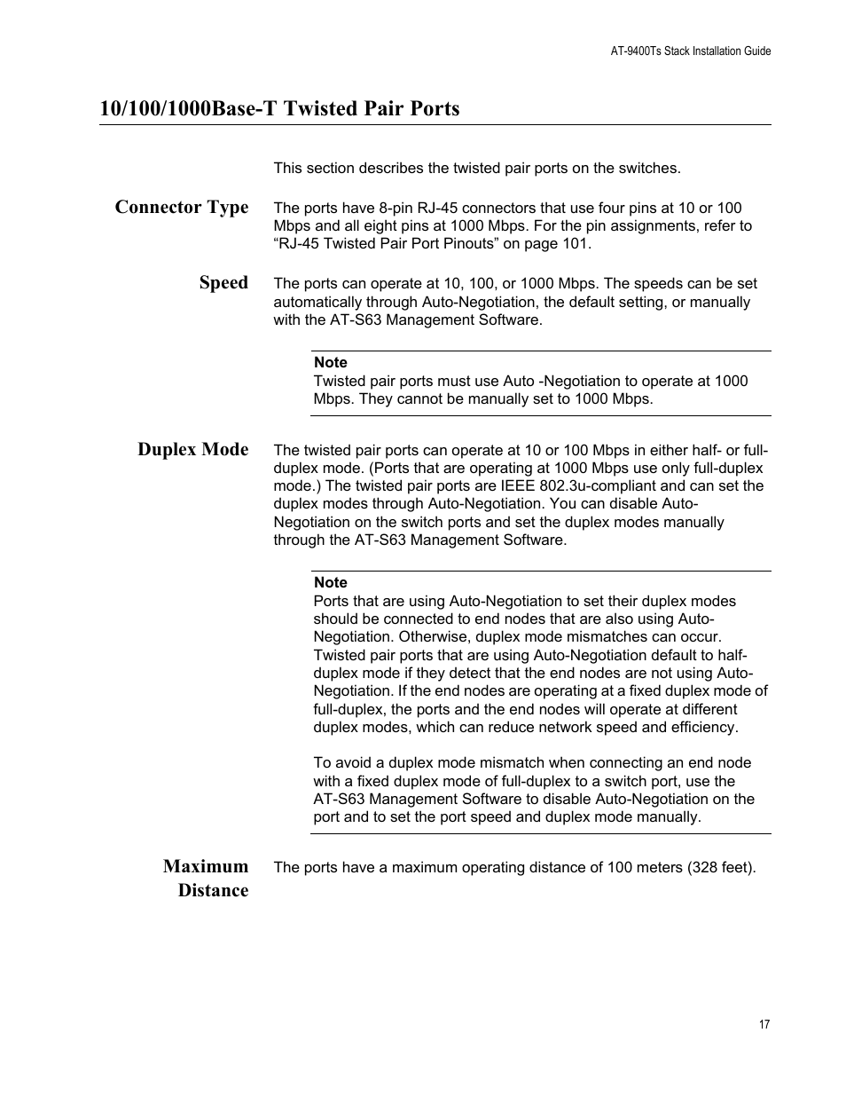 10/100/1000base-t twisted pair ports, Connector type, Speed | Duplex mode, Maximum distance, Connector type speed duplex mode maximum distance | Allied Telesis AT-9448Ts/XP (Basic Layer 3) User Manual | Page 17 / 106