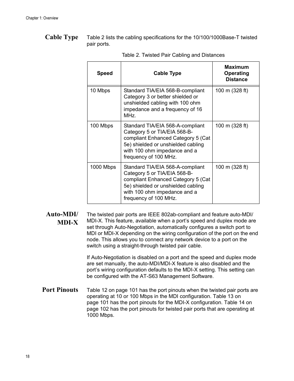 Cable type, Auto-mdi/ mdi-x, Port pinouts | Cable type auto-mdi/mdi-x port pinouts | Allied Telesis AT-9448Ts/XP (Basic Layer 3) User Manual | Page 18 / 106